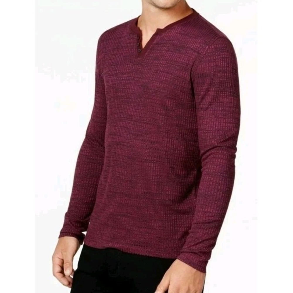 Alfani Henley Mens Shirt Maroon‎ Burgundy Long Sleeve Ribbed Stretch Rayon PTP